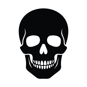 Black silhouette of human skull in front view with empty eye sockets and teeth isolated on white.