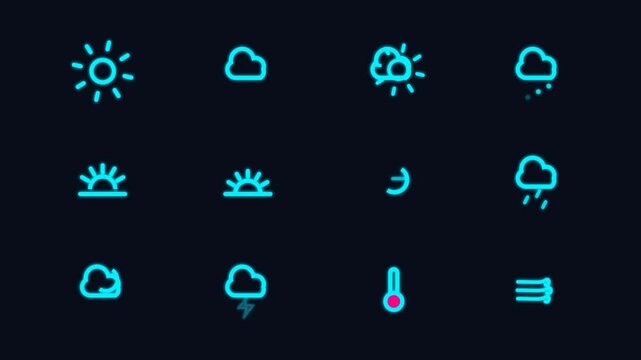 Animated Neon Weather Icon Set for Digital Interfaces.