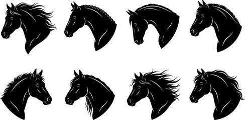 Collection of black horse head silhouette vector illustrations featuring diverse mane styles and expressive profiles © AUSTOMI