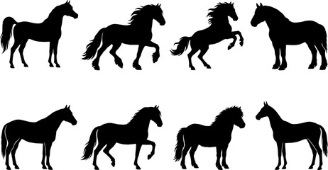 Collection of black horse silhouette vector illustrations featuring standing, walking, trotting, grazing, and rearing poses with varied mane and tail styles © AUSTOMI