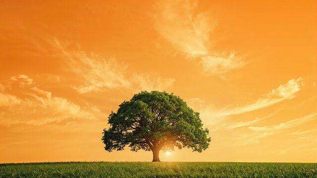 A single tree in a field during sunset with an orange sky. Nature and landscape. Environment and tranquility. The beauty of nature.