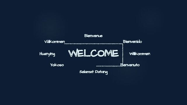 Multilingual Welcome Signage Concept Featuring Global Greetings on Dark Blue Background.