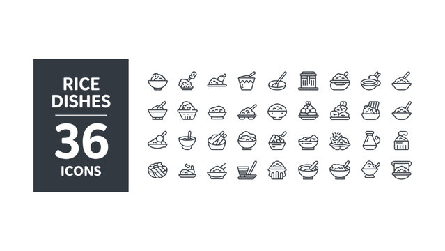 Explore diverse rice dishes with these thirty six unique icons for culinary enthusiasts food designers and recipe creators