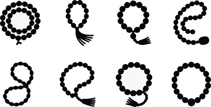 Beaded prayer beads or rosary in various arrangements. Elegant string of round beads for meditation or spirituality.