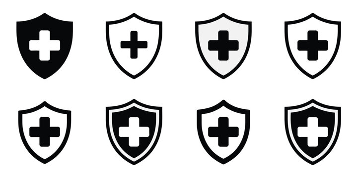 Medical shield with cross icons representing health protection immunity healthcare security and safety in multiple vector styles