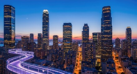 Obraz premium Illuminated elevated walkway winds through dense metropolitan skyline during twilight hours
