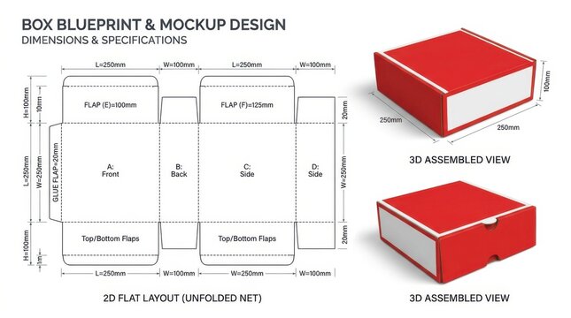 Box packaging die cut template. Flat layout design for custom cardboard product boxes.