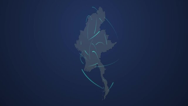 Myanmar Map Featuring Glowing Light Connections, Digital Infrastructure and Cyber Technology Concept