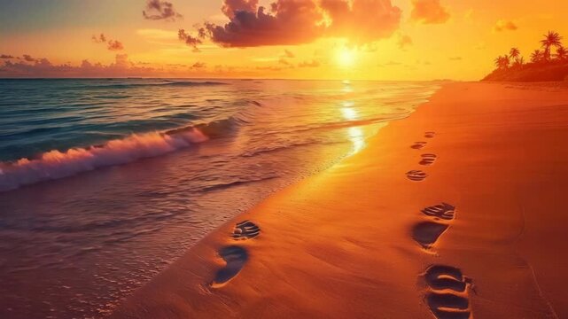 Golden sunset shining over a tropical beach with tranquil ocean waves and footprints in the wet sand, representing a peaceful journey, loneliness, and reflection