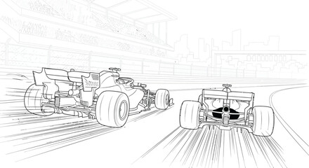 Fototapeta premium Formula 1 Race Cars Speeding on Track, Dynamic Line Art Illustration