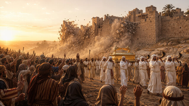 The trumpet of Jericho resonates as walls of Jericho fell, with crowds celebrating and ancient figures leading ceremony at sunset.