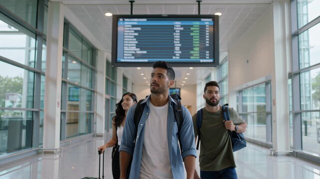 Group of friends walking through an airport terminal looking at a flight information display screen while carrying their backpacks and luggage for their vacation
