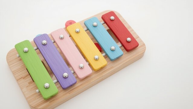 Colorful wooden xylophone on a wooden base with keys in green, purple, pink, yellow, blue, and red.
