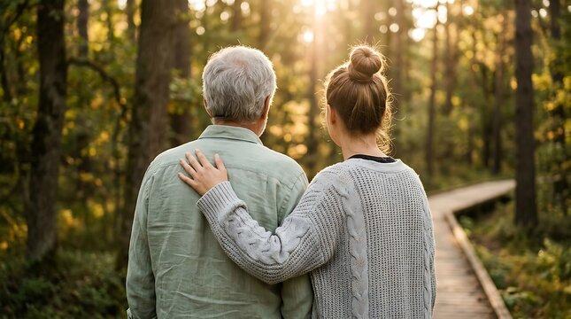 Woman comforting elderly man in nature. Caregiver supporting senior person outdoors.