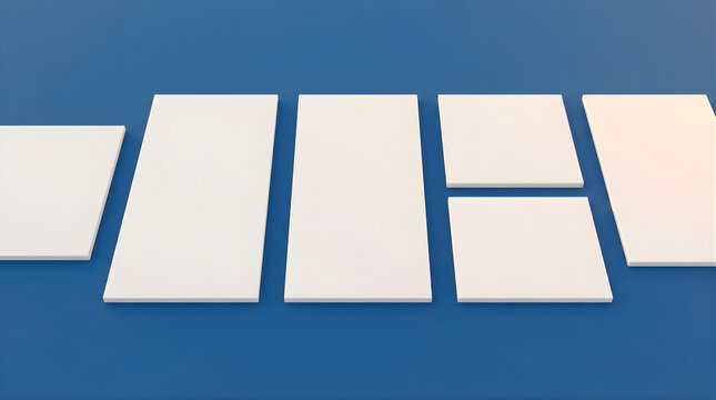 Arrangement of five white rectangular panels of varying sizes set against a solid blue background displaying a gradient of light on the right side