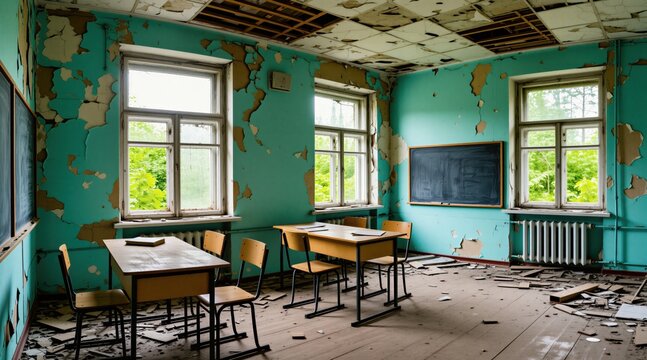 Abandoned school classroom with peeling turquoise walls, old wooden desks. Derelict education building interior features broken ceiling tiles scattered debris, cracked plaster. Natural light fills