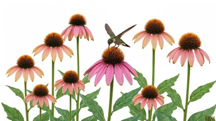 Fototapeta premium Flowers and hummingbird with pink petals and green leaves. Nature and wildlife scene. Pollination and garden ecosystem. The beauty of flora and fauna.