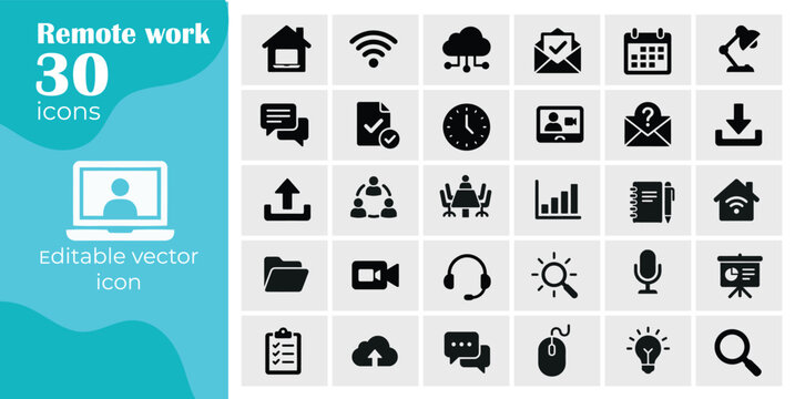 A collection of thirty professional business and technology custom icons designed for web development user interface design and digital marketing project creative assets