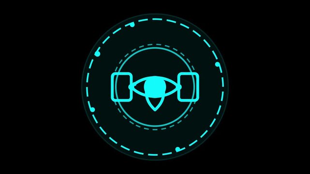 Futuristic digital eye icon within a gear, symbolizing advanced vision, control, and monitoring for high-tech interfaces and interactive systems