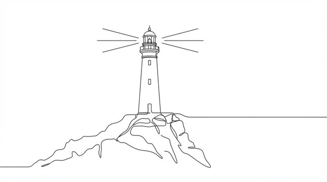  Minimalist lighthouse continuous line art vector one line drawing of coastal beacon on rocky cliff for marine design