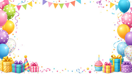 Fototapeta premium Colorful birthday celebration frame background with vibrant balloons, gift boxes, party hats, cupcake with candle, and bunting flags