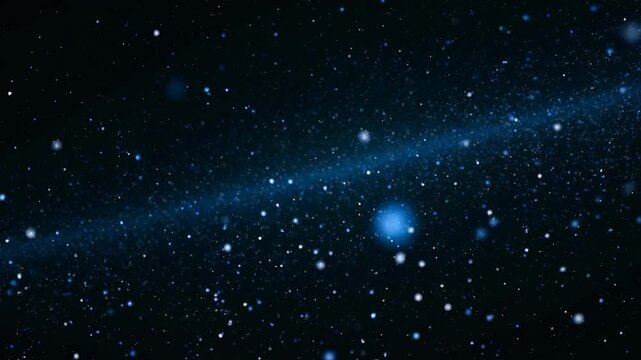 Luminous blue particles and glittering dust floating through deep space in a mesmerizing cosmic display, creating an abstract and dynamic celestial background animation