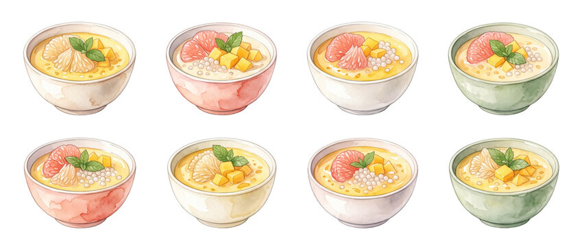 Mango sago pomelo dessert bowls watercolor illustration set isolated on black background, traditional cantonese sweet soup, asian culinary food clip art asset for menu design, hand painted art decors.