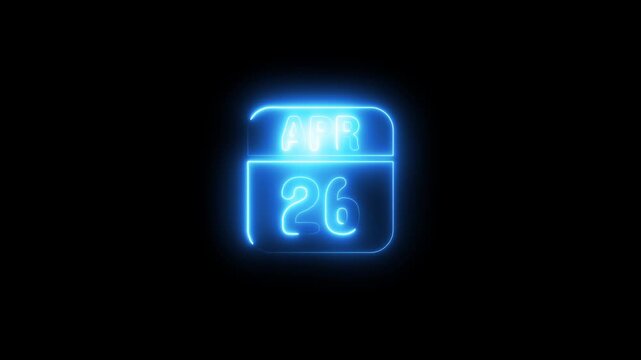 Glowing neon april 26 calendar date 4k animation video one black background 