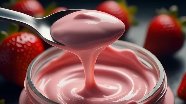 Close-up video of a spoon scooping strawberry cream from a jar, showing silky texture and creamy reflections