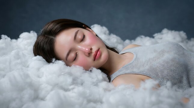 Dreamy young woman sleeping amidst soft cloud texture with closed eyes fantasy art sleeping peaceful dreaming