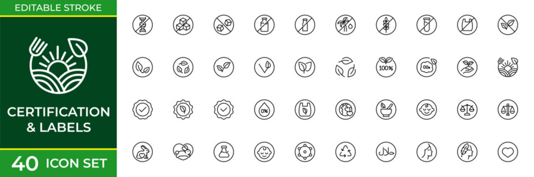 Certification and Labels Line Icon Set for Quality Assurance, Verified Badges, Awards, Compliance and Product Certification Outline Vector Collection