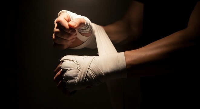 Hands wrapped with white tape in dark setting
