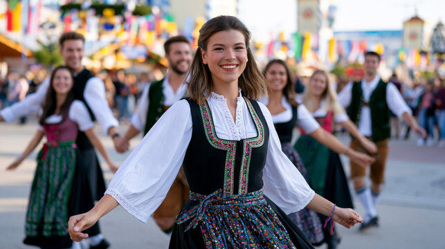 Smiling young woman in traditional folk dress dancing with a group at a colorful cultural festival celebrating heritage and community