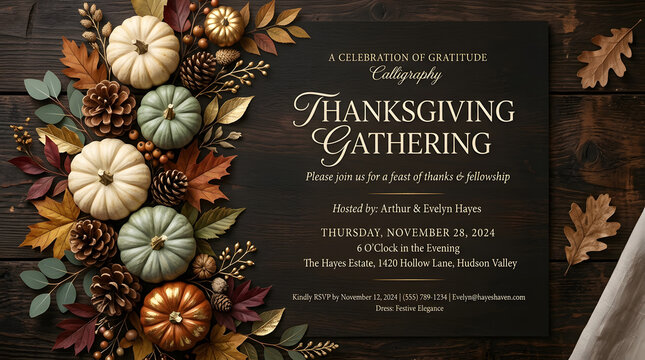 Elegant rustic thanksgiving background featuring festive pumpkins autumn leaves and pine cones on a dark wooden table for holiday invitation card design