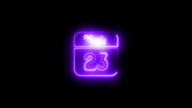 Neon glowing calendar date may 23rd animation for event planning 4k animation video one black background 