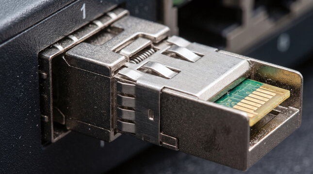 Close up of a metallic sfp optical transceiver module with exposed gold pins plugged into a telecommunications network switch