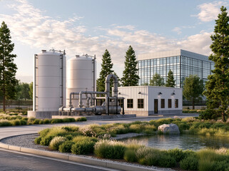 Fototapeta premium Municipal water treatment tanks serving tech park