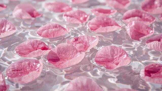 Pink flower petals floating on water. Aesthetic and calming scene with delicate petals. Floral and nature concept. The scene of petals on water.