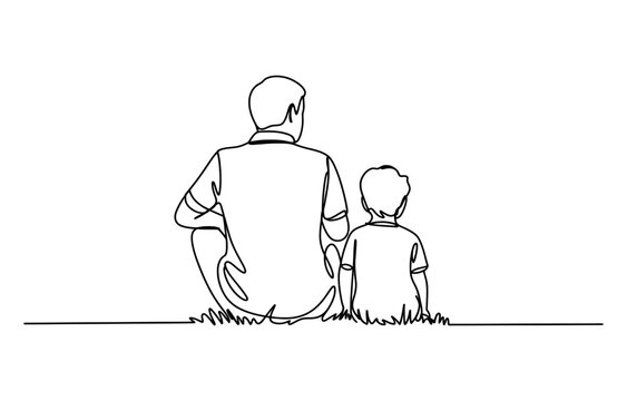 Continuous line drawing of a father and son sitting together outdoors