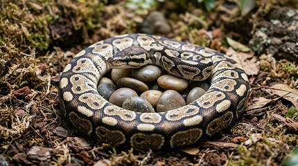 Fototapeta premium A ball python with striking patterned scales coiled tightly around smooth pebbles in a natural forest setting
