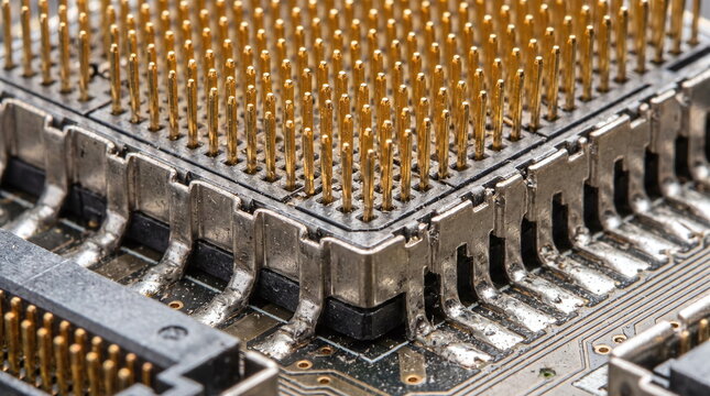 Extreme close up of gold contact pins in a processor socket on a computer printed circuit board