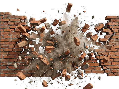 A brick wall exploding with dust isolated on transparent background. Perfect for destruction and demolition concepts.
