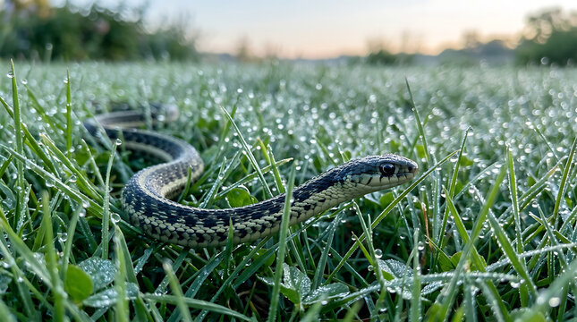 A detailed view of a garter snake slithering through dew-covered grass in the early morning light.