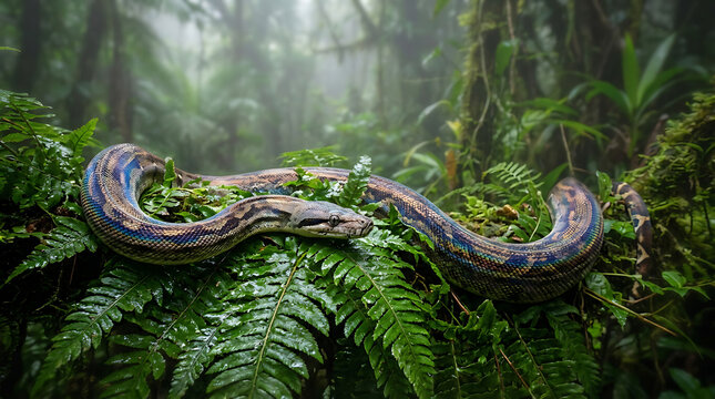 A large boa constrictor gracefully coiled amongst lush green ferns in a misty tropical jungle habitat
