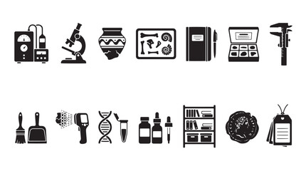Archaeology and science research icons set, black silhouette laboratory equipment vectors, history and paleontology tools for museum education © Anika