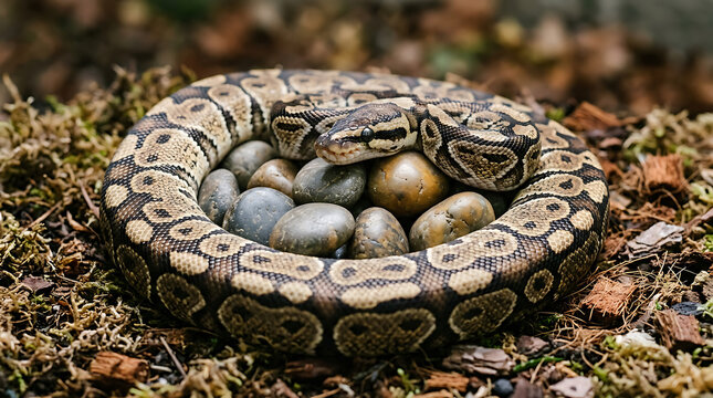 Ball Python Curled Amongst Smooth Pebbles on a Forest Floor