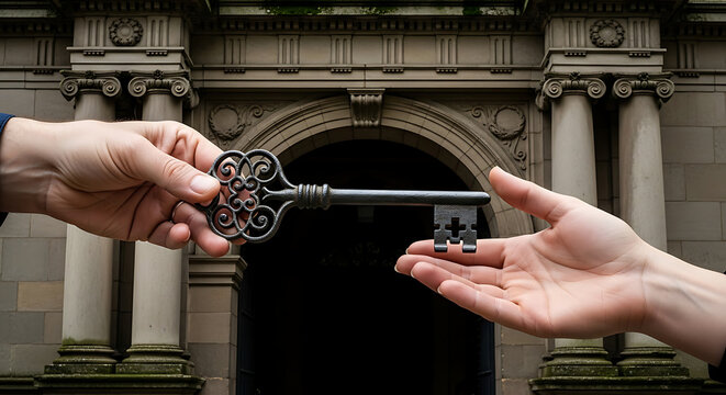 Person handing over an old metal key to another person