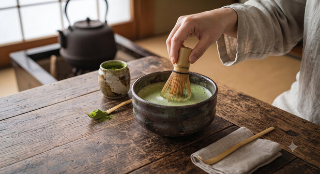 Authentic Japanese matcha tea preparation with ceremonial bowl bamboo whisk and finely ground green tea powder on rustic wood