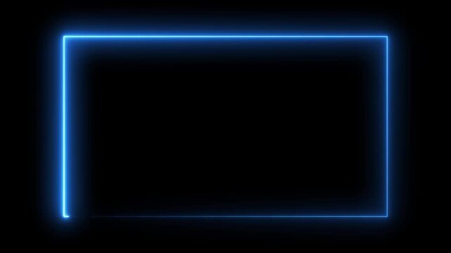 Glowing blue neon rectangular frame border 4k animation on black background