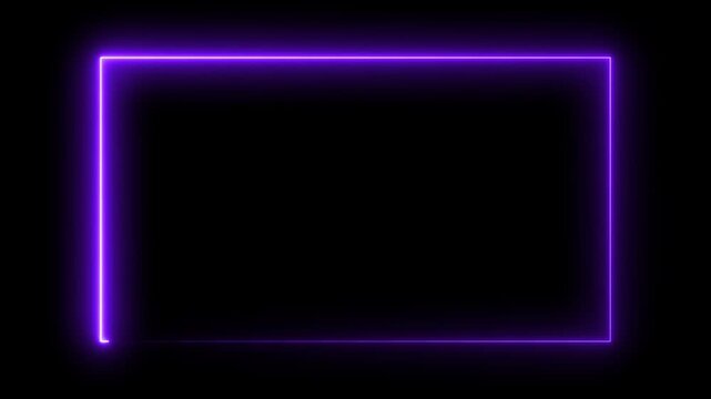 Glowing purple neon rectangular frame border 4k animation video one black background 